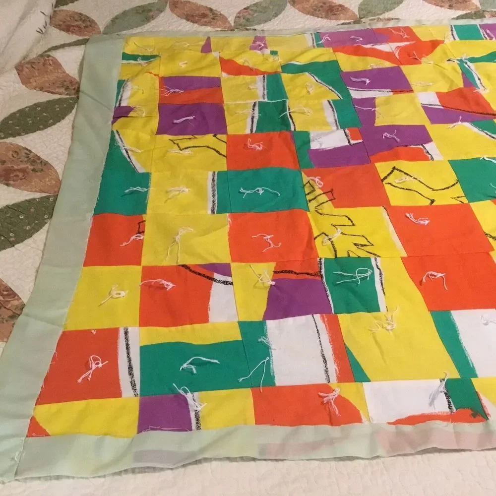 Vintage Hand Sewed Baby Patchwork Quilt 70s White tacked Yellow Orange 60x39‎